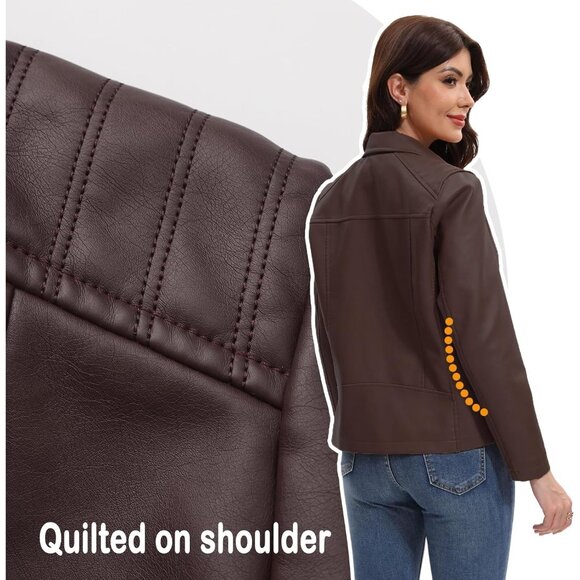 Women Coffee Faux Leather Motorcycle Jacket Zip Up Trendy Going Out Coat - Picture 5 of 6